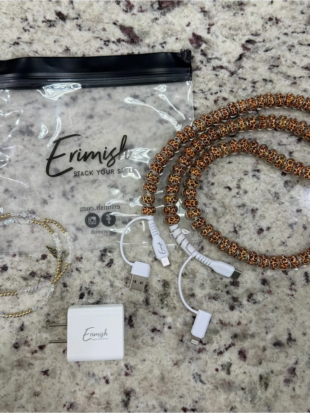 Erimish White Multi-Connector Charging Cable Set with Brown Beaded Wrap